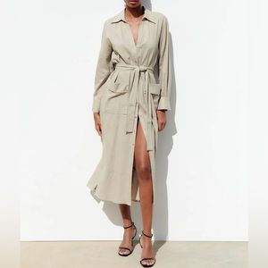Zara Cotton Blend Midi Belted Shirt Dress, size Medium, Cream, Fall Wardrobe
